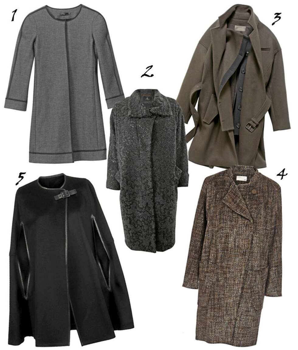 JAKKER OG KÅPER: 1. Grått og enkelt fra Filippa K, kr 2800. 2. Mørk grå ullbrokade fra Bruuns Bazar, kr 2599. 3. Vanessa Bruno for La Redoute, kr 1999. 4. Svart capevariant fra Day Birger et Mikkelsen, kr 3099. 5. Herreinspirert fra Rützou, kr 3199. JAKKER OG KÅPER: 1. Grått og enkelt fra Filippa K, kr 2800. 2. Mørk grå ullbrokade fra Bruuns Bazar, kr 2599. 3. Vanessa Bruno for La Redoute, kr 1999. 4. Svart capevariant fra Day Birger et Mikkelsen, kr 3099. 5. Herreinspirert fra Rützou, kr 3199.
