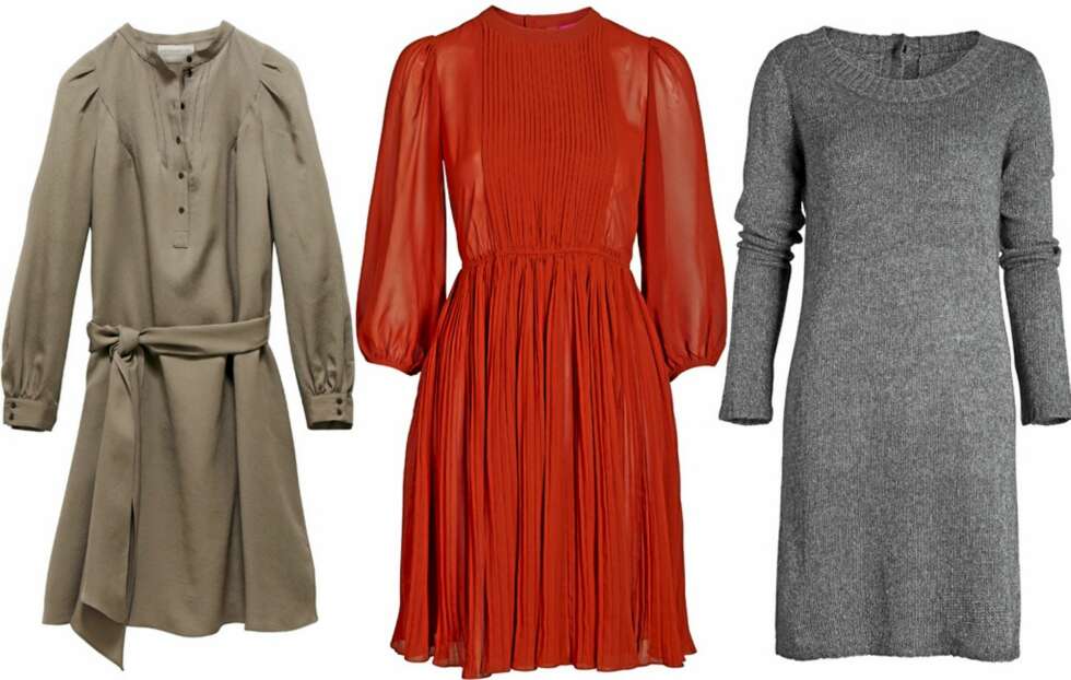 HVERDAGSKJOLER: Avslappet skjortekjole fra Vanessa Bruno for LaRedoute, kr 1199. I rødfarget, myk og feminin chiffon fra Indiska, kr 499. Grå herlig strikkekjole fra Indiska, kr 399. HVERDAGSKJOLER: Avslappet skjortekjole fra Vanessa Bruno for LaRedoute, kr 1199. I rødfarget, myk og feminin chiffon fra Indiska, kr 499. Grå herlig strikkekjole fra Indiska, kr 399.