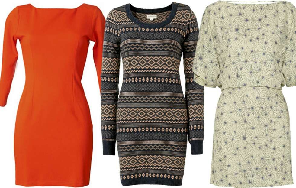 HVERDAGSKJOLER: Knæsj oransje med rene linjer for de tøffeste av oss fra Floyd, kr 499. Koselig og superfin strikkekjole fra MQ, kr 499. Lett og lys mønstret kjole fra Elizabeth & James hos Theoutnet.com, til ca kr 1700. HVERDAGSKJOLER: Knæsj oransje med rene linjer for de tøffeste av oss fra Floyd, kr 499. Koselig og superfin strikkekjole fra MQ, kr 499. Lett og lys mønstret kjole fra Elizabeth & James hos Theoutnet.com, til ca kr 1700.
