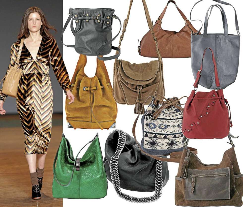VESKER: F.v. Sort bøtteveske fra MQ, kr 299, imitert skinn fra Pieces, kr 350, grått skinn fra Becksöndergaard, kr 1599, semsket skinnveske fra Alexander Wang/ Net-a-porter.com, kr 10 000, avslappet med frynser fra La Redoute, kr 899, inkamønster fra Accessorize, kr 389, rødt med nagler fra Claudio Ferrici, kr 1999, irrgrønt fra Zara, kr 1199, sort med lenke fra J Dauphin, kr 7300, brun og slitt fra Friis, kr 1499. VESKER: F.v. Sort bøtteveske fra MQ, kr 299, imitert skinn fra Pieces, kr 350, grått skinn fra Becksöndergaard, kr 1599, semsket skinnveske fra Alexander Wang/ Net-a-porter.com, kr 10 000, avslappet med frynser fra La Redoute, kr 899, inkamønster fra Accessorize, kr 389, rødt med nagler fra Claudio Ferrici, kr 1999, irrgrønt fra Zara, kr 1199, sort med lenke fra J Dauphin, kr 7300, brun og slitt fra Friis, kr 1499.