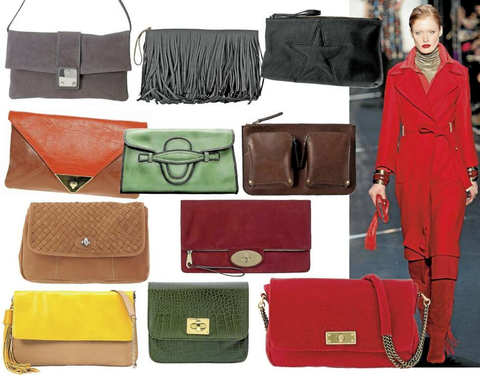 VESKER: F.v. Grå og sober fra Filippa K, kr 1200, frynser fra Marni, kr 4200, sort stjerne fra Friis, 1999, orange konvolutt fra Asos.com, kr 175, grønn veske fra Mango, kr 699, brun med lommer fra Pieces, kr 250, fletter fra MQ, kr 599, klassisk fra Mulberry, kr 4500, gult er kult fra Zara, kr 959, krokodille fra Morris, kr 299, vakkert og rød, By Marlene Birger, kr 2699. VESKER: F.v. Grå og sober fra Filippa K, kr 1200, frynser fra Marni, kr 4200, sort stjerne fra Friis, 1999, orange konvolutt fra Asos.com, kr 175, grønn veske fra Mango, kr 699, brun med lommer fra Pieces, kr 250, fletter fra MQ, kr 599, klassisk fra Mulberry, kr 4500, gult er kult fra Zara, kr 959, krokodille fra Morris, kr 299, vakkert og rød, By Marlene Birger, kr 2699.