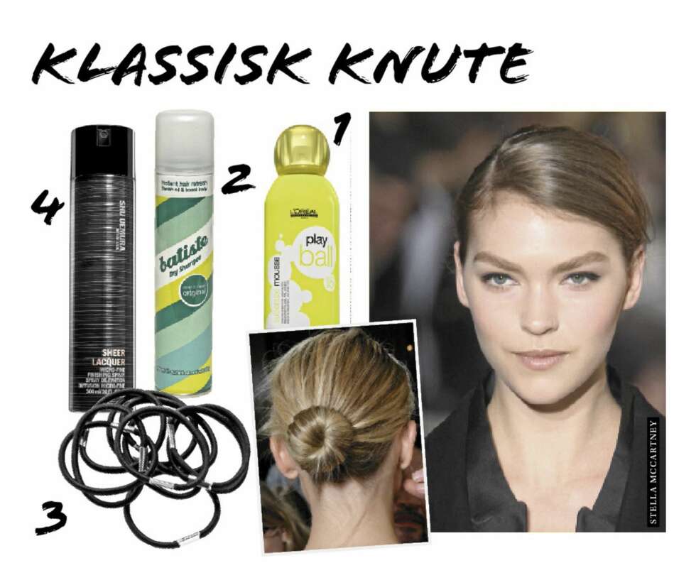 KNUTE: 1. L'Oreal Professionnel play ball mousse, kr 235. 2. Batiste Dry shampoo, kr 79. 3. hårstrikker fra HM, kr 20. 4. Shu Uemura Sheer laquer hair spray, kr 350. Foto: Fashionactive og produsentene. KNUTE: 1. L'Oreal Professionnel play ball mousse, kr 235. 2. Batiste Dry shampoo, kr 79. 3. hårstrikker fra HM, kr 20. 4. Shu Uemura Sheer laquer hair spray, kr 350. Foto: Fashionactive og produsentene.