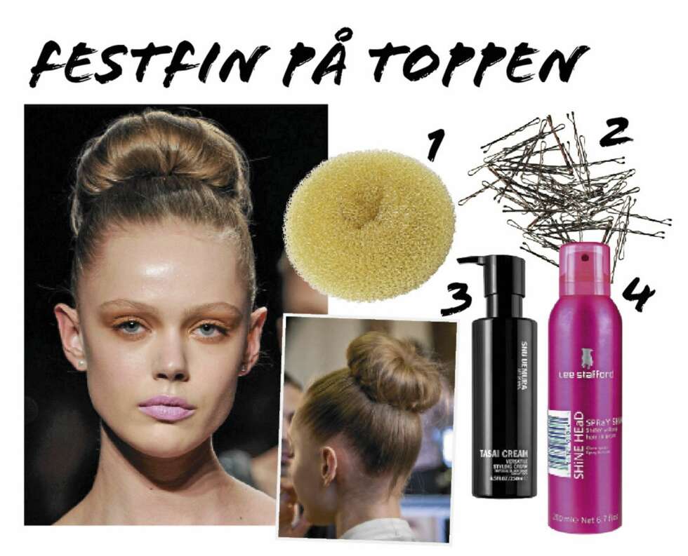 TOPP: 1. Hair donut fra Glitter, kr 89. 2. hårspenner fra HM, kr 20. 3. Shu Umemura Rasai styling cream, kr 350. 4. Lee Stafford spray shine, kr 79. Foto: Fashionactive og produsentene. TOPP: 1. Hair donut fra Glitter, kr 89. 2. hårspenner fra HM, kr 20. 3. Shu Umemura Rasai styling cream, kr 350. 4. Lee Stafford spray shine, kr 79. Foto: Fashionactive og produsentene.