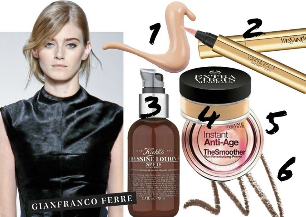 BASEN: 1. Armani Lasting Silk Foundation (kr 360) 2. Yves Saint Laurent Touche Éclat (kr 300) 3. Kiehl's Abyssing Lotion SPF 15 (kr 460) 4. The Body Shop Extra Virgin Minerals Loos Powder (kr 169) 5. Maybelline Instant Anti-Age The Smoother Skin Retexturizing Primer (kr 149) 6. Shiseido Eyebrow Pencil (kr 190) BASEN: 1. Armani Lasting Silk Foundation (kr 360) 2. Yves Saint Laurent Touche Éclat (kr 300) 3. Kiehl's Abyssing Lotion SPF 15 (kr 460) 4. The Body Shop Extra Virgin Minerals Loos Powder (kr 169) 5. Maybelline Instant Anti-Age The Smoother Skin Retexturizing Primer (kr 149) 6. Shiseido Eyebrow Pencil (kr 190)