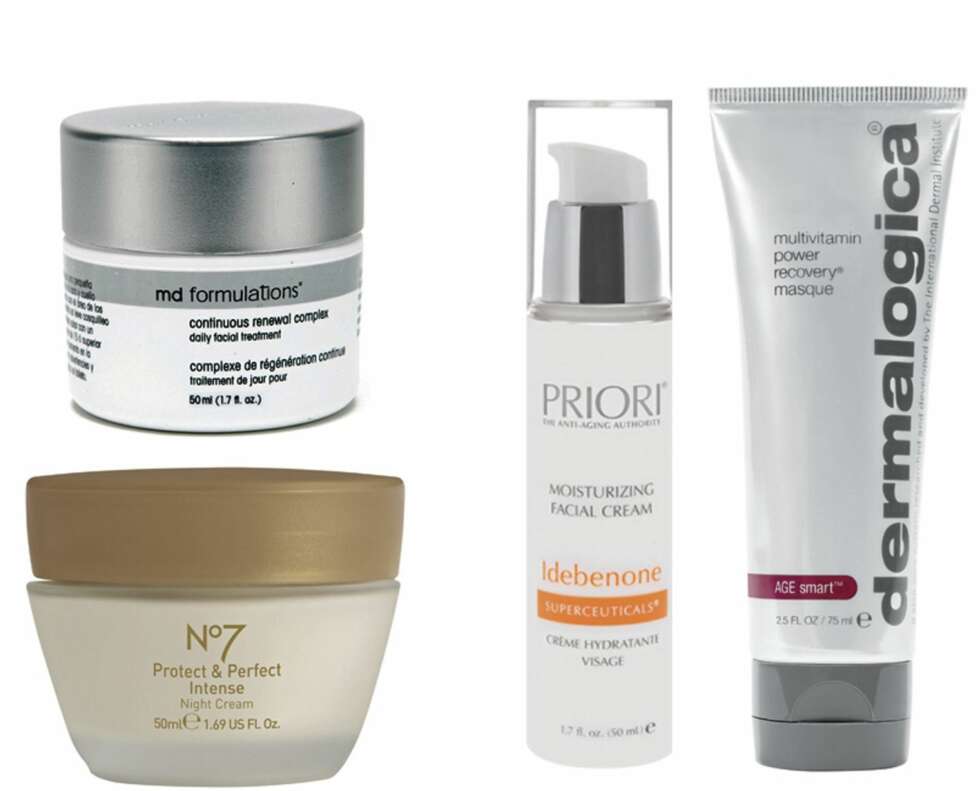 KREMER: Her er et lite utvalg av både rimelig og dyrt. Nederst fra venstre ser du Boots No7 Protect and Perfect Night Cream. Boots har vitenskapelig testet kremene sine, så dette er et rimelig og godt alternativ. Denne lover å redusere synligheten av dype linjer og rynker. Kr 298. Litt dyrere er MD Formulations Continous Renewal Complex, et serum som skal virke effektiv mot problemhud og aldrende hud til kr 549. Skikkelig dyrt blir det når prisen bikker 1000 kr . Priori Idebenone Complex Moisturizing Facial Cream inneholder blant annet antioksidanten Idebenone, AHA-syrer og A-vitamin og skal hjelpe på både rynker og pigmentflekker. Kr 1098. Dermalogica sin Multivitamin Power Recovery Mask byr på blant annet A-,C- og E-vitaminer for gjenopprette og reparere skadet hud. Kr 570. KREMER: Her er et lite utvalg av både rimelig og dyrt. Nederst fra venstre ser du Boots No7 Protect and Perfect Night Cream. Boots har vitenskapelig testet kremene sine, så dette er et rimelig og godt alternativ. Denne lover å redusere synligheten av dype linjer og rynker. Kr 298. Litt dyrere er MD Formulations Continous Renewal Complex, et serum som skal virke effektiv mot problemhud og aldrende hud til kr 549. Skikkelig dyrt blir det når prisen bikker 1000 kr . Priori Idebenone Complex Moisturizing Facial Cream inneholder blant annet antioksidanten Idebenone, AHA-syrer og A-vitamin og skal hjelpe på både rynker og pigmentflekker. Kr 1098. Dermalogica sin Multivitamin Power Recovery Mask byr på blant annet A-,C- og E-vitaminer for gjenopprette og reparere skadet hud. Kr 570.