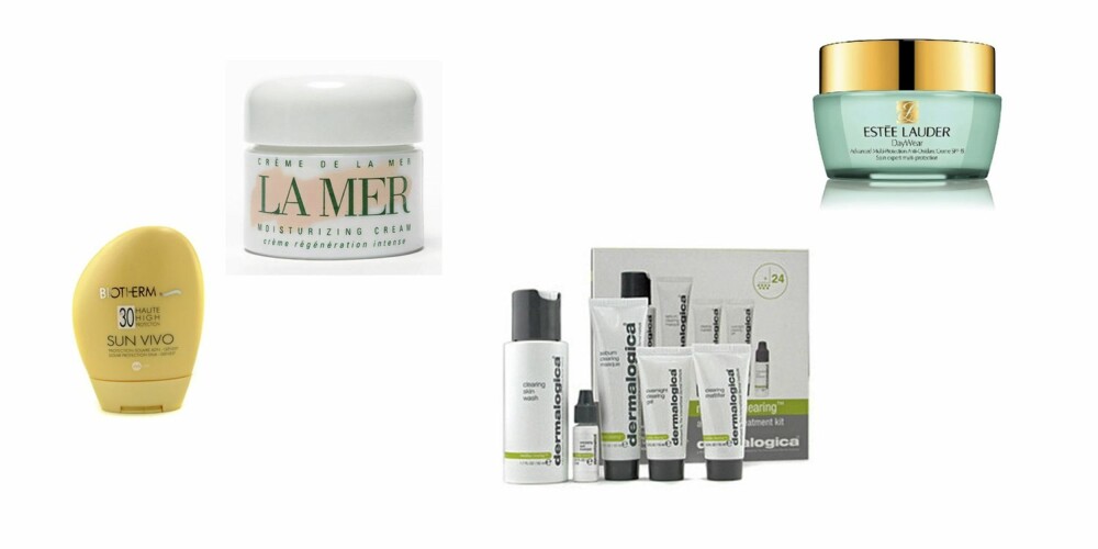 GODE HJELPERE: Biotherm Sun Vivo (solkrem) , La Mer (ansiktskrem), Esteè Lauder DayWear (ansiktskrem) og produkter fra Dermalogica i Medibac clearing-serien. GODE HJELPERE: Biotherm Sun Vivo (solkrem) , La Mer (ansiktskrem), Esteè Lauder DayWear (ansiktskrem) og produkter fra Dermalogica i Medibac clearing-serien.