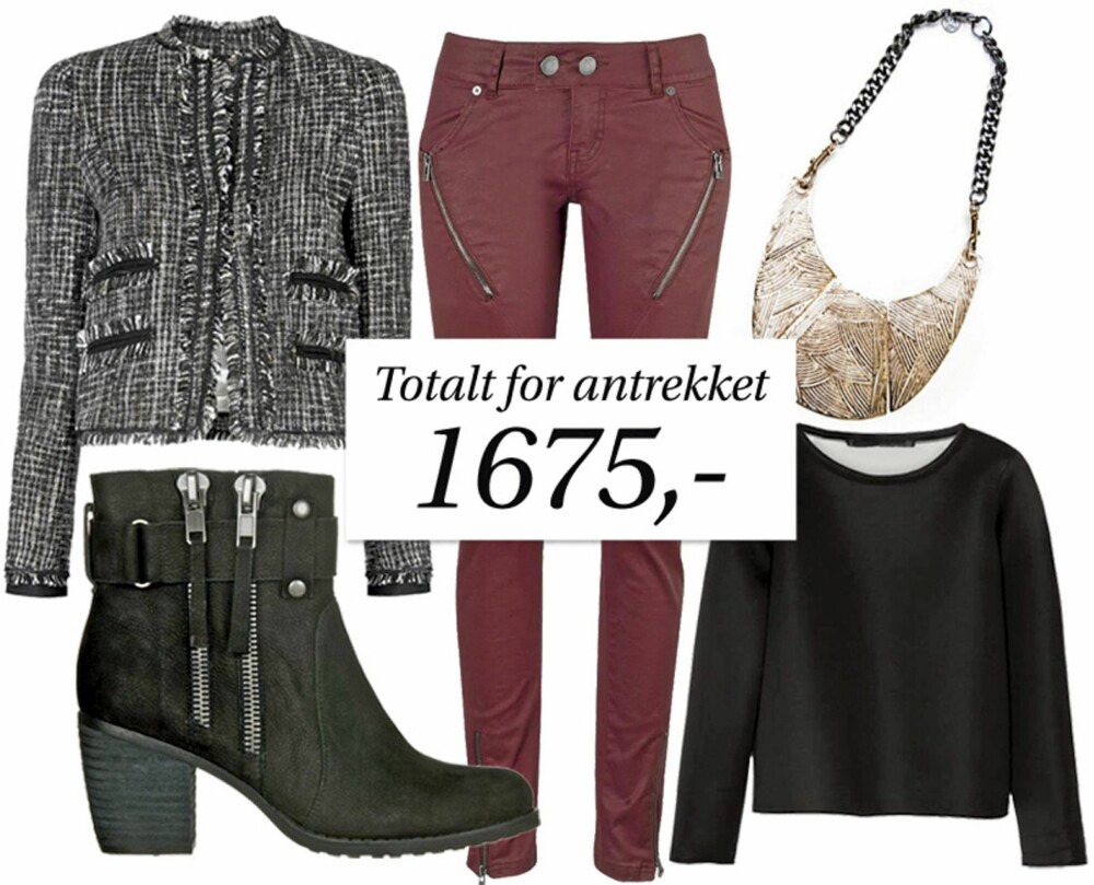 SPAR kr 571 på hele antrekket! Tweedjakke fra Mango, kr 449 (førpris, kr 899). Burgunderfargede jeans fra Ellos, kr 309 (førpris, kr 499). Boots fra Din Sko, kr 449 (førpris, kr 799). Statementsmykke fra Mango, kr 169 (førpris, kr 349). Basisgenser fra Zara, kr 299 (førpris, kr 599). SPAR kr 571 på hele antrekket! Tweedjakke fra Mango, kr 449 (førpris, kr 899). Burgunderfargede jeans fra Ellos, kr 309 (førpris, kr 499). Boots fra Din Sko, kr 449 (førpris, kr 799). Statementsmykke fra Mango, kr 169 (førpris, kr 349). Basisgenser fra Zara, kr 299 (førpris, kr 599).