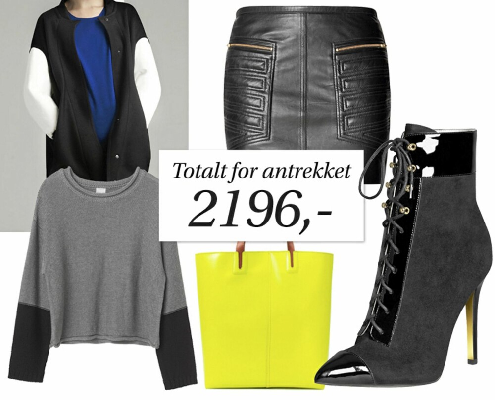 SPAR kr 2906 på hele antrekket! Svart kåpe med hvite ermer fra Zara, kr 799 (førpris, kr 1695). Grå basisgenser fra Monki, kr 200 (førpris, kr 350). Skinnskjørt fra Mango, kr 399 (førpris, kr 799). Knallfarget veske fra Zara, kr 499 (førpris, kr 959). Ankelstøvletter med snøring fra Versace/H&M, kr 499 (førpris, kr 1299). SPAR kr 2906 på hele antrekket! Svart kåpe med hvite ermer fra Zara, kr 799 (førpris, kr 1695). Grå basisgenser fra Monki, kr 200 (førpris, kr 350). Skinnskjørt fra Mango, kr 399 (førpris, kr 799). Knallfarget veske fra Zara, kr 499 (førpris, kr 959). Ankelstøvletter med snøring fra Versace/H&M, kr 499 (førpris, kr 1299).