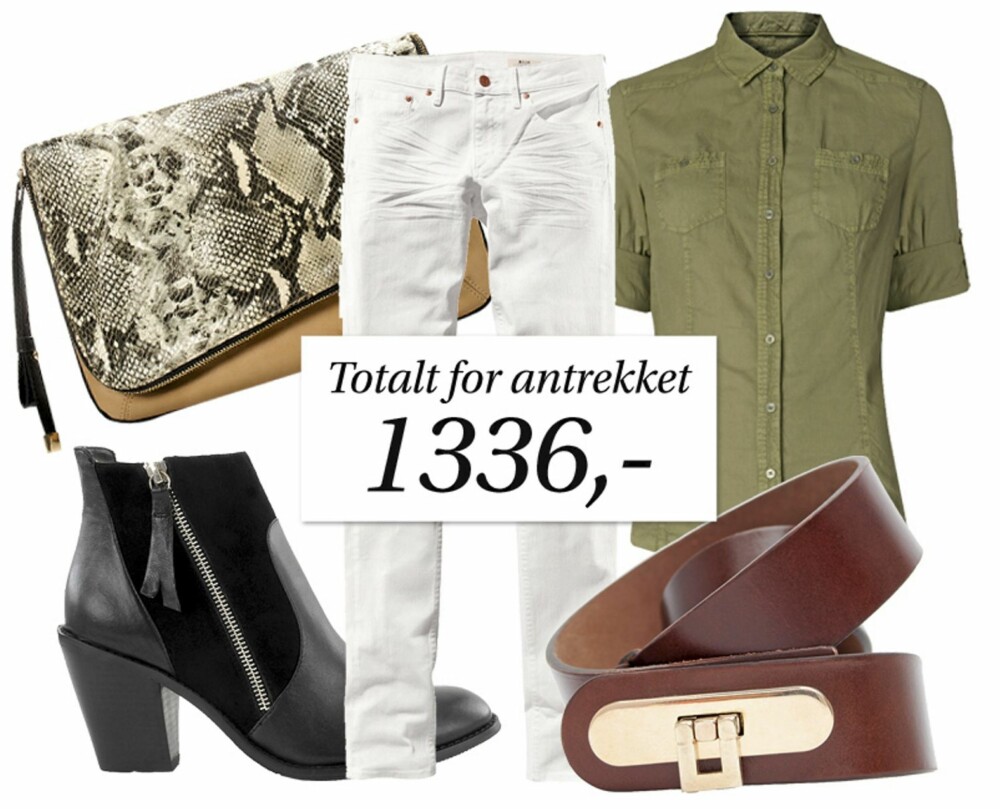 SPAR kr 999 på hele antrekket! Slangeskinnclutch fra Zara, 199 (førpris, kr 559). Ankelstøvletter fra Nelly White Label/Nelly.com, kr 400 (førpris, kr 799). Hvite jeans fra H&M, kr 99 (førpris, kr 399). Militærgrønn skjorte fra Mango, kr 109 (førpis, kr 229). Belte fra Mango, kr 169 (førpris, kr 349). SPAR kr 999 på hele antrekket! Slangeskinnclutch fra Zara, 199 (førpris, kr 559). Ankelstøvletter fra Nelly White Label/Nelly.com, kr 400 (førpris, kr 799). Hvite jeans fra H&M, kr 99 (førpris, kr 399). Militærgrønn skjorte fra Mango, kr 109 (førpis, kr 229). Belte fra Mango, kr 169 (førpris, kr 349).