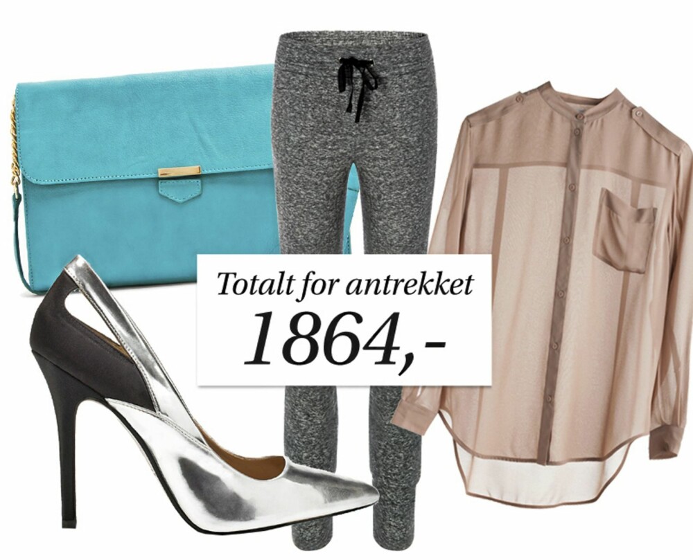 SPAR kr 1383 på hele antrekket! Turkis clutch fra Mango, kr 799 (førpris, kr 1699). Metalliske pumps fra Zara, kr 399 (førpris, kr 699). Joggebukser fra Mango, kr 199 (førpris, kr 399). Transparent bluse fra Weekday, kr 187 (førpris, kr 450). SPAR kr 1383 på hele antrekket! Turkis clutch fra Mango, kr 799 (førpris, kr 1699). Metalliske pumps fra Zara, kr 399 (førpris, kr 699). Joggebukser fra Mango, kr 199 (førpris, kr 399). Transparent bluse fra Weekday, kr 187 (førpris, kr 450).