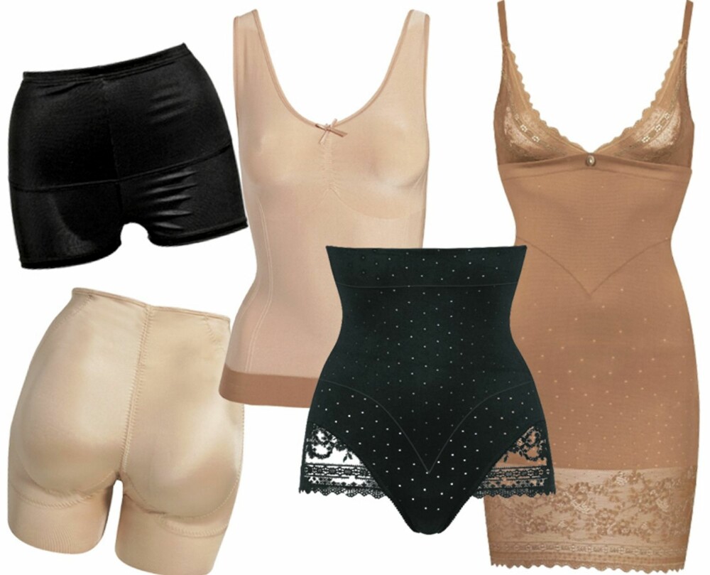 HOLD-IN UNDERTØY: Svart og enkel boksershorts for deg som bare trenger litt hold-in hjelp, fra Ellos, kr 125. Bokser med innlegg i rumpa gir deg sprettrumpe i en fei, fra Spanx hos Nelly.com, kr 995. Hold-in singlet gjør overkroppen din glattere og slankere. Fra Triumph, kr 299. Truse med høyt liv gir fin innsving i livet, kr 399 fra Triumph. Hudfarget hold-in kjole er fint under lyse stoffer, kr 549 fra Triumph. HOLD-IN UNDERTØY: Svart og enkel boksershorts for deg som bare trenger litt hold-in hjelp, fra Ellos, kr 125. Bokser med innlegg i rumpa gir deg sprettrumpe i en fei, fra Spanx hos Nelly.com, kr 995. Hold-in singlet gjør overkroppen din glattere og slankere. Fra Triumph, kr 299. Truse med høyt liv gir fin innsving i livet, kr 399 fra Triumph. Hudfarget hold-in kjole er fint under lyse stoffer, kr 549 fra Triumph.