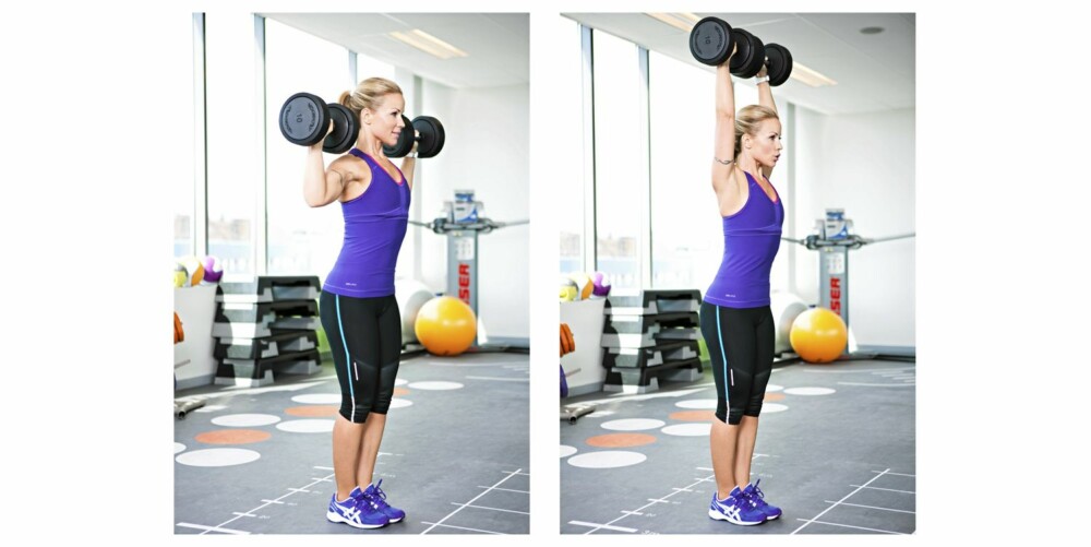7. MILITÆRPRESS MED VEKTER: Skuldre, triceps og mage/rygg. 7. MILITÆRPRESS MED VEKTER: Skuldre, triceps og mage/rygg.
