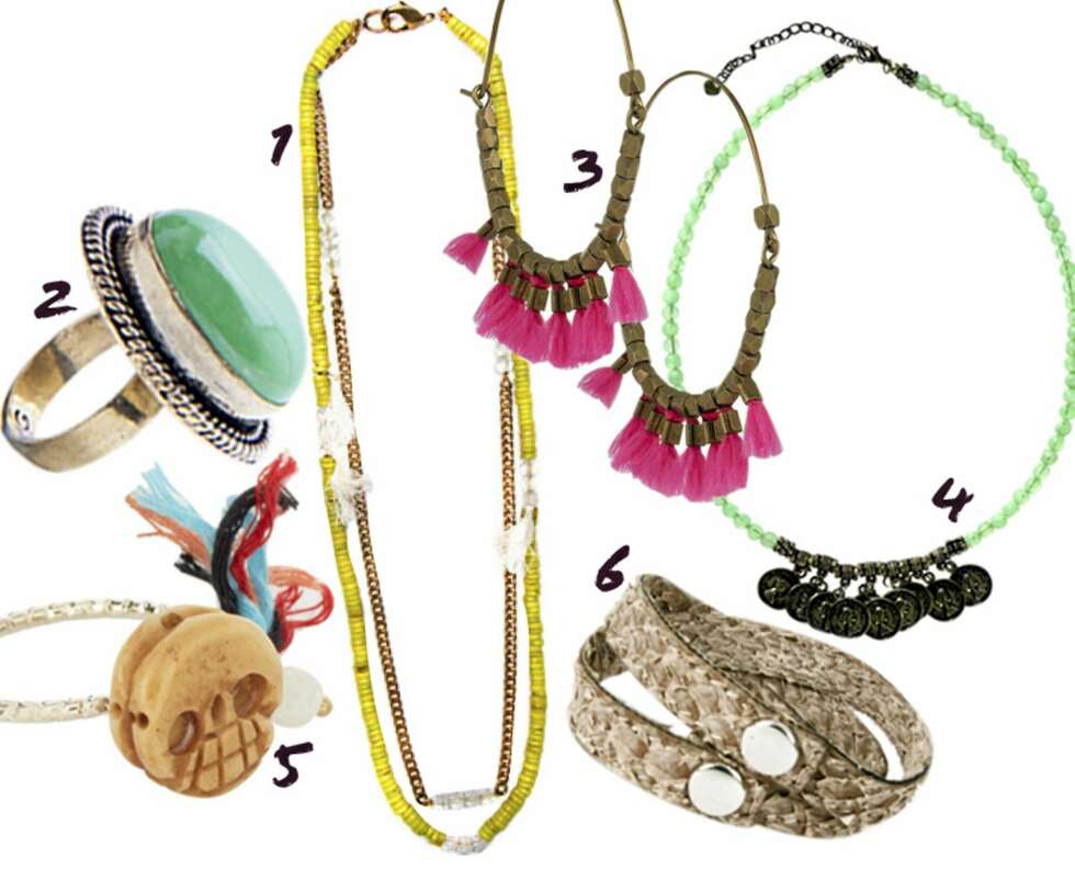 BOHO-SMYKKER: 1: Kjede fra Mango, kr 214. 2: Ring fra Mango, kr 139. 3: Øreringer fra Isabel Marant, kr 944. 4: Kjede fra Mexx, kr 199. 5: Ring fra Asos, kr 63. 6: Armbånd fra Cala & Jade, kr 299. BOHO-SMYKKER: 1: Kjede fra Mango, kr 214. 2: Ring fra Mango, kr 139. 3: Øreringer fra Isabel Marant, kr 944. 4: Kjede fra Mexx, kr 199. 5: Ring fra Asos, kr 63. 6: Armbånd fra Cala & Jade, kr 299.