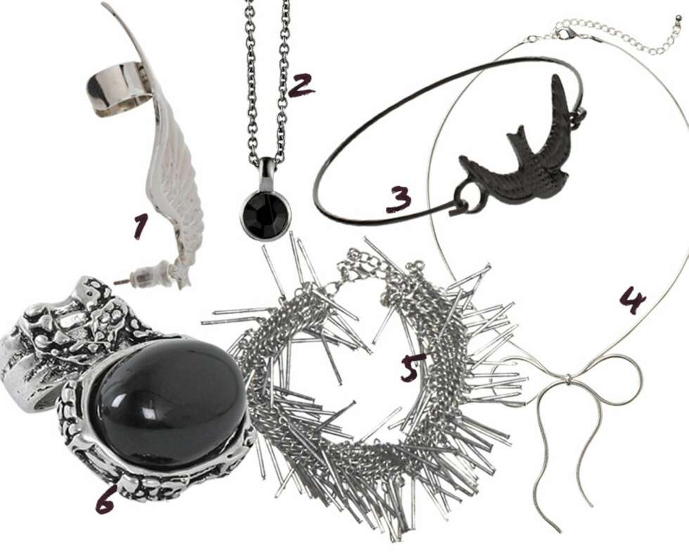 SØLVSMYKKER: 1: Ørepynt fra Asos, kr 107. 2: Kjede fra Dyrberg/ Kern, kr 419. 3: Armbånd fra Asos, kr 86. 4: Kjede fra Monki, kr 80. 5: Armbånd fra Day, kr 799. 6: Ring fra Nelly, kr 39. SØLVSMYKKER: 1: Ørepynt fra Asos, kr 107. 2: Kjede fra Dyrberg/ Kern, kr 419. 3: Armbånd fra Asos, kr 86. 4: Kjede fra Monki, kr 80. 5: Armbånd fra Day, kr 799. 6: Ring fra Nelly, kr 39.