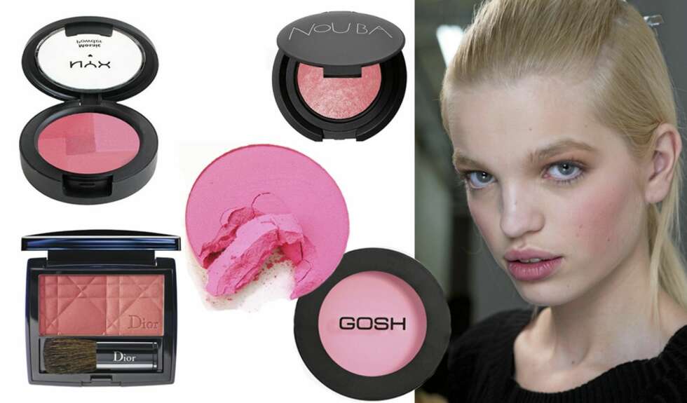 ROSEKINN: Fra venstre: NYX Mosaic powder i fargen paradise(kr 125), Nouba Blush on bubble (kr 249), Dior Diorblush i fargen 839 vintage pink (kr 360), Mac Powder blush i fargen pink swoon (kkr 195) og Gosh Natural touch cream blusher i pink rush (kr 89). ROSEKINN: Fra venstre: NYX Mosaic powder i fargen paradise(kr 125), Nouba Blush on bubble (kr 249), Dior Diorblush i fargen 839 vintage pink (kr 360), Mac Powder blush i fargen pink swoon (kkr 195) og Gosh Natural touch cream blusher i pink rush (kr 89).