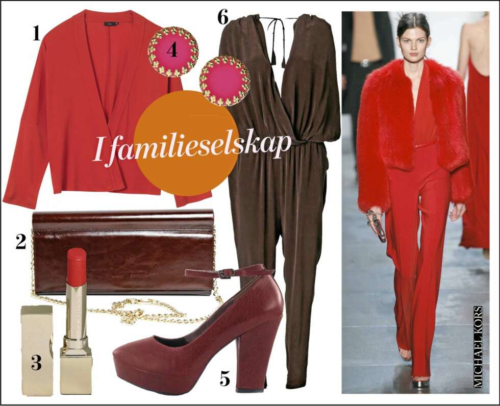 I familieselskap: 1. Blazer fra Filippa K, kr 1500,- 2. Konvoluttveske fra Whyred, ca. kr 1880,- 3. Leppestift fra Clarins, kr 270,- 4. Øredobber fra asos.com, kr 63,- 5. Pumps fra Nelly White Label, kr 699,- 6. Buksedress med åpen rygg fra By Malene Birger, kr 3499,- I familieselskap: 1. Blazer fra Filippa K, kr 1500,- 2. Konvoluttveske fra Whyred, ca. kr 1880,- 3. Leppestift fra Clarins, kr 270,- 4. Øredobber fra asos.com, kr 63,- 5. Pumps fra Nelly White Label, kr 699,- 6. Buksedress med åpen rygg fra By Malene Birger, kr 3499,-