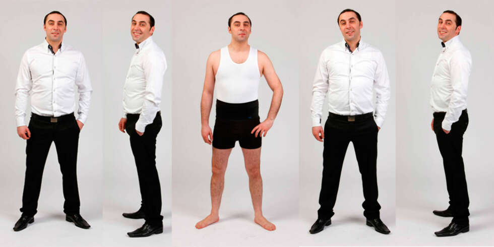 LITEN EFFEKT: Til venstre ser du Mena i dress uten hold-in. I midten viser han boxeren, og til høyre har han hold-in og dress. LITEN EFFEKT: Til venstre ser du Mena i dress uten hold-in. I midten viser han boxeren, og til høyre har han hold-in og dress.