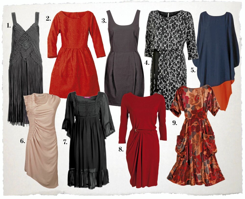 MELLOMLANGE KJOLER: 1. Kjole fra H&M, kr 599,- 2. Kjole fra H&M, kr 399,- 3. Kjole fra Cubus, kr 299,- 4. Blondekjole fra Part Two,
kr 699,- 5. Kjole fra Nelly Trend, kr 399,- 6. Kjole fra Part Two, kr 1299,- 7. Kjole fra Indiska, kr 349,- 8. Kjole med rysjeeffekter fra Filippa K, kr 1395,- 9. Kjole fra H&M, kr 599,- MELLOMLANGE KJOLER: 1. Kjole fra H&M, kr 599,- 2. Kjole fra H&M, kr 399,- 3. Kjole fra Cubus, kr 299,- 4. Blondekjole fra Part Two,
kr 699,- 5. Kjole fra Nelly Trend, kr 399,- 6. Kjole fra Part Two, kr 1299,- 7. Kjole fra Indiska, kr 349,- 8. Kjole med rysjeeffekter fra Filippa K, kr 1395,- 9. Kjole fra H&M, kr 599,-