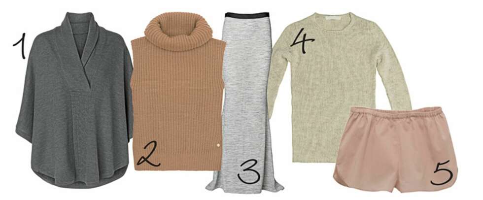 KOSEKLÆR: 1: Grå, myk strikket genser fra MQ, kr 699,- 2: Rosa, strikket vest fra Pepe Jeans, kr 999,- 3: Grått, deilig skjørt fra byMaleneBirger, kr 2199,- 4: Strikket kosegenser fra Zara, kr 399,- 5: Rosa silkeshorts fra Vanessa Bruno, kr 299,- KOSEKLÆR: 1: Grå, myk strikket genser fra MQ, kr 699,- 2: Rosa, strikket vest fra Pepe Jeans, kr 999,- 3: Grått, deilig skjørt fra byMaleneBirger, kr 2199,- 4: Strikket kosegenser fra Zara, kr 399,- 5: Rosa silkeshorts fra Vanessa Bruno, kr 299,-