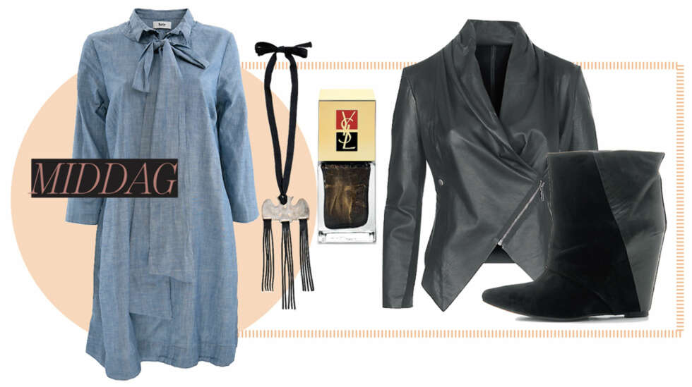 PÅ MIDDAG: Lang skjortekjole i denim med sløyfe fra Bzr, kr 1099,- Kjede fra By Malene Birger, kr 899,- Neglelakk, Laque no 129, fra Yves Saint Laurent, kr 270,- Skinnjakke fra KappAhls designkolleksjon, kr 1499,- Isabel Marant-inspirert skolett med kilehæ fra Aldo, kr 1199,- PÅ MIDDAG: Lang skjortekjole i denim med sløyfe fra Bzr, kr 1099,- Kjede fra By Malene Birger, kr 899,- Neglelakk, Laque no 129, fra Yves Saint Laurent, kr 270,- Skinnjakke fra KappAhls designkolleksjon, kr 1499,- Isabel Marant-inspirert skolett med kilehæ fra Aldo, kr 1199,-