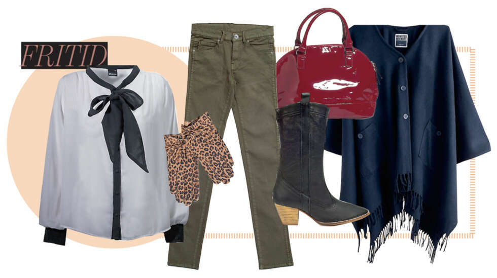 PÅ FRITIDEN: Bluse med sløyfe fra Gina Tricot, 199,- Skinnhansker fra Vero Moda, kr 260,- Grønn denimbukse fra Dr. denim, kr 599,- Veske fra Lindex, kr 199,- Cowboyboots fra Zara, kr 799,- Cape fra Weekday, kr 600,- PÅ FRITIDEN: Bluse med sløyfe fra Gina Tricot, 199,- Skinnhansker fra Vero Moda, kr 260,- Grønn denimbukse fra Dr. denim, kr 599,- Veske fra Lindex, kr 199,- Cowboyboots fra Zara, kr 799,- Cape fra Weekday, kr 600,-