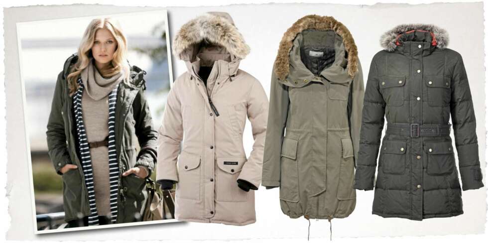 FRA VENSTRE: Bomullsparkas fra HM kr 599,- Dunparkas fra Canada Goose, kr 5500,- Parkas fra Esprit Ellos, kr 1399,- Barbour Stylebop.com. kr 3150,- FRA VENSTRE: Bomullsparkas fra HM kr 599,- Dunparkas fra Canada Goose, kr 5500,- Parkas fra Esprit Ellos, kr 1399,- Barbour Stylebop.com. kr 3150,-