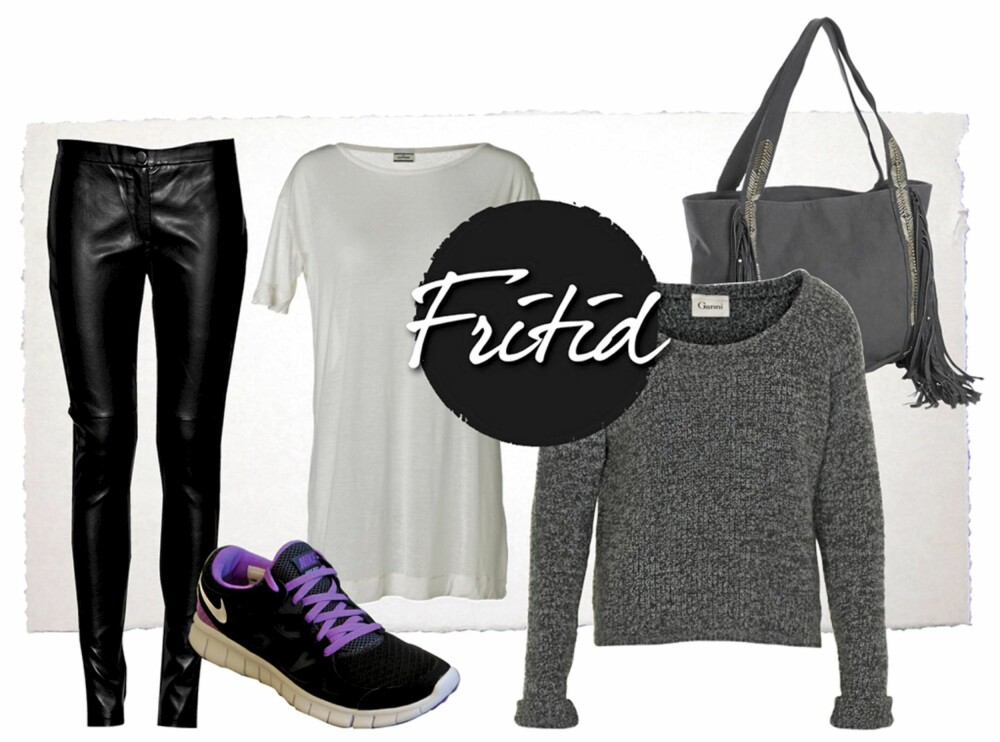 PÅ FRITIDEN: Leggings i skinnimitasjon fra JC, kr 349,- T-skjorte fra By Malene Birger, kr 599,- Joggesko fra Nike, kr 1200,- Genser fra Ganni, kr 799,- Veske fra Accessorize, kr 545,- PÅ FRITIDEN: Leggings i skinnimitasjon fra JC, kr 349,- T-skjorte fra By Malene Birger, kr 599,- Joggesko fra Nike, kr 1200,- Genser fra Ganni, kr 799,- Veske fra Accessorize, kr 545,-