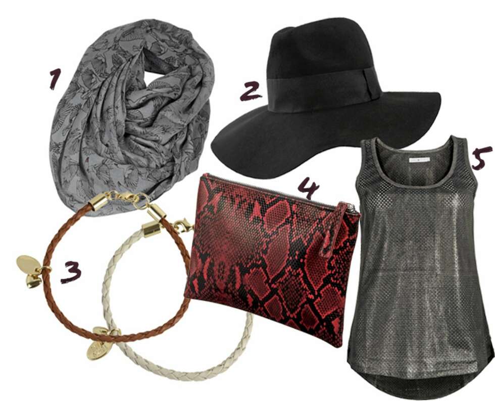 BUDSJETTKUPP: 1: Sjal fra Only, kr 159. 2: Hatt fra Nelly Trend, kr 179. 3: Armbånd fra Tokyo Jane, kr 149 per stk. 4: Clutch fra Gina Tricot, kr 199. 5: Topp fra Only, kr 159. BUDSJETTKUPP: 1: Sjal fra Only, kr 159. 2: Hatt fra Nelly Trend, kr 179. 3: Armbånd fra Tokyo Jane, kr 149 per stk. 4: Clutch fra Gina Tricot, kr 199. 5: Topp fra Only, kr 159.