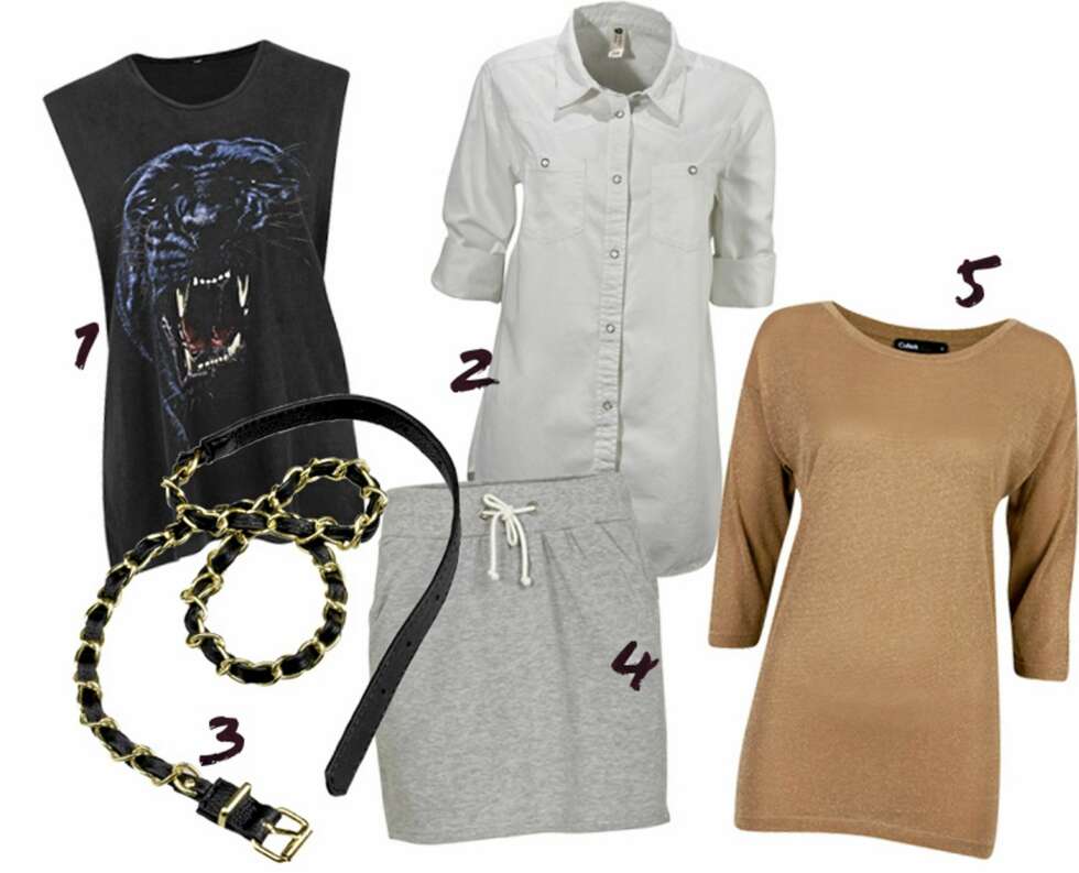 BUDSJETTKUPP: 1: Topp fra Bik Bok, kr 199. 2: Skjorte fra Gina Tricot, kr 199. 3: Belte fra Gina Tricot, kr 79. 4: Skjørt fra Vila, kr 159. 5: Genser fra Cubus, kr 199. BUDSJETTKUPP: 1: Topp fra Bik Bok, kr 199. 2: Skjorte fra Gina Tricot, kr 199. 3: Belte fra Gina Tricot, kr 79. 4: Skjørt fra Vila, kr 159. 5: Genser fra Cubus, kr 199.