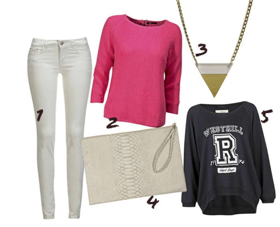 BUDSJETTKUPP: 1: Hvit bukse fra Gina Tricot, kr 199. 2: Rosa genser fra Bik Bok, kr 199. 3: Smykke fra Nelly Trend, kr 149. 4: Clutch fra Cubus, kr 149. 5: Collegegenser fra Bik Bok, kr 199. BUDSJETTKUPP: 1: Hvit bukse fra Gina Tricot, kr 199. 2: Rosa genser fra Bik Bok, kr 199. 3: Smykke fra Nelly Trend, kr 149. 4: Clutch fra Cubus, kr 149. 5: Collegegenser fra Bik Bok, kr 199.