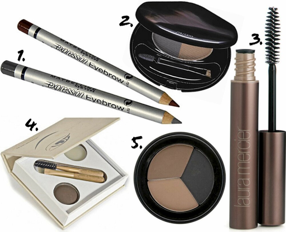 MARKERTE BRYN: 1. Maybelline Expression Eyebro (kr 92) 2. Shiseido Eyebrow and Eyeliner Compact (kr 305) 3. Laura Mercier Eye Brow Gel (kr 200) 4. Jane Iredale Bitty Brow Kit i fargen Brunette (kr 325) 5. Make Up Store Tri Brow (kr 185) MARKERTE BRYN: 1. Maybelline Expression Eyebro (kr 92) 2. Shiseido Eyebrow and Eyeliner Compact (kr 305) 3. Laura Mercier Eye Brow Gel (kr 200) 4. Jane Iredale Bitty Brow Kit i fargen Brunette (kr 325) 5. Make Up Store Tri Brow (kr 185)