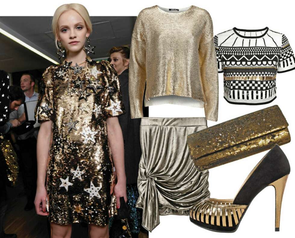 METALLISK VINTER: Fra catwalken til Dolce og Gabbana, genser fra Gina Tricot (kr 349), skjørt fra HM (kr 179), sko fra Zara (kr 679), clutch fra KappAhl (kr 179), topp fra Asos.com (kr 500). METALLISK VINTER: Fra catwalken til Dolce og Gabbana, genser fra Gina Tricot (kr 349), skjørt fra HM (kr 179), sko fra Zara (kr 679), clutch fra KappAhl (kr 179), topp fra Asos.com (kr 500).