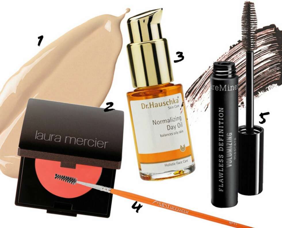 HVERDAGSGLØD: 1: L'Oréal Paris True match perfacting foundation, kr 123. 2: Laura Mercier Creme cheek color i canyon, kr 250. 3: Dr Hauschka Facial oil, kr 259. 4: Mist Stockholm brow brush, kr 140. 5: Bare Minerals Flawless dfinition volumizing mascara, kr 319. HVERDAGSGLØD: 1: L'Oréal Paris True match perfacting foundation, kr 123. 2: Laura Mercier Creme cheek color i canyon, kr 250. 3: Dr Hauschka Facial oil, kr 259. 4: Mist Stockholm brow brush, kr 140. 5: Bare Minerals Flawless dfinition volumizing mascara, kr 319.