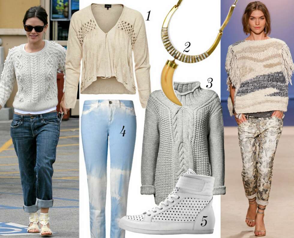 Til venstre: Rachel Bilson i genser fra Isabel Marant. Catwalk: Isabel Marant ss 2012.
1. Genser fra KappAhl, kr 399. 2. Smykke fra Mango, kr 249. 3. Genser fra Tiger of Sweden, kr 2499. 4. Bukse fra Mango, kr 399. 5. Sneakers fra La Redoute, kr 599. Til venstre: Rachel Bilson i genser fra Isabel Marant. Catwalk: Isabel Marant ss 2012.
1. Genser fra KappAhl, kr 399. 2. Smykke fra Mango, kr 249. 3. Genser fra Tiger of Sweden, kr 2499. 4. Bukse fra Mango, kr 399. 5. Sneakers fra La Redoute, kr 599.
