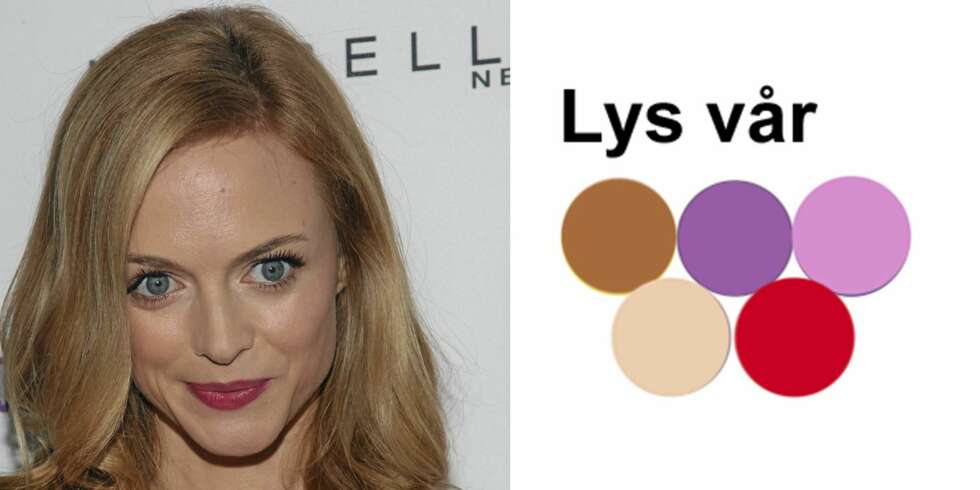 VÅR: Med sitt lyse hår og varme undertoner er Heather Graham en lys vår. Hører du til samme kategori er dette noen av fargene du kler aller best. VÅR: Med sitt lyse hår og varme undertoner er Heather Graham en lys vår. Hører du til samme kategori er dette noen av fargene du kler aller best.
