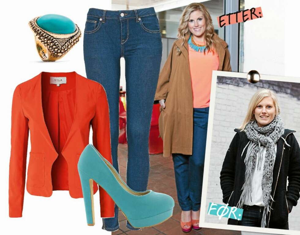Fargerikt og fint: Ring fra Mango, kr 259,-, Blazer fra Vila, kr 349,-, Jeans fra Gina Tricot, kr 499,- og Pumps fra Nelly, kr 379,-. Fargerikt og fint: Ring fra Mango, kr 259,-, Blazer fra Vila, kr 349,-, Jeans fra Gina Tricot, kr 499,- og Pumps fra Nelly, kr 379,-.