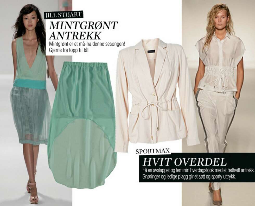 VÅRENS NØKKELPLAGG: Mintgrønt skjørt fra Zara, kr 299. Hvit jakke fra Vero Moda, kr 399. VÅRENS NØKKELPLAGG: Mintgrønt skjørt fra Zara, kr 299. Hvit jakke fra Vero Moda, kr 399.