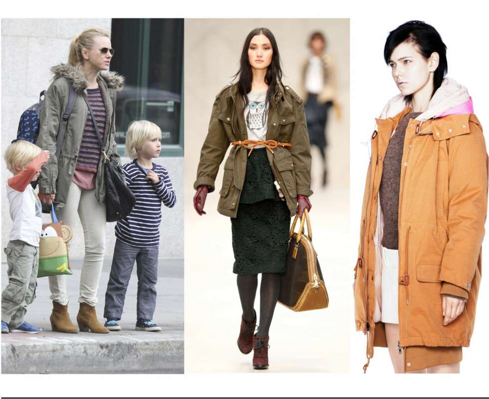 PARKAS TREND: La deg inspirere og bruk parkasen til ankelstøvletter, skjørt og søte overdeler. F.v Skuespiller Naomi Watts, Burberry Prosum høst/vinter 2012, Acne lookbook høst/vinter 2012. PARKAS TREND: La deg inspirere og bruk parkasen til ankelstøvletter, skjørt og søte overdeler. F.v Skuespiller Naomi Watts, Burberry Prosum høst/vinter 2012, Acne lookbook høst/vinter 2012.