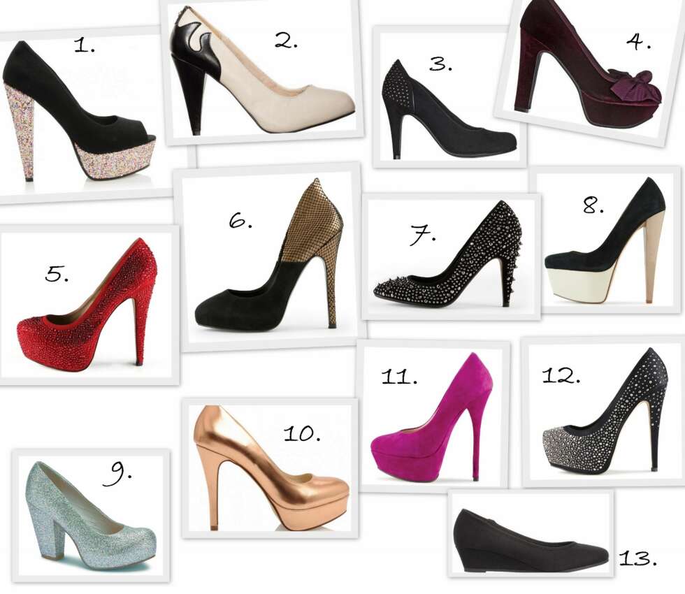 FESTPUMPS: 1. Karole pump fra Bianco (kr 699), 2. Pumps fra Skopunkten (kr 299), 3. Pumps med nagledetaljer fra Din Sko (kr 199), 4. Lilla velvet pumps fra Din Sko (kr 399), 5. LoAnn fra Aldo (kr 399), 6. Firolber pumps fra Aldo (kr 1099), 7. Perusia pumps fra Aldo (kr 1099), 8. Baumert platåpumps fra Aldo (kr 1199), 9. Glitterpumps fra Eurosko (kr 599), 10. Kanna Pump Bianco (kr 499), 11. Oume pink fra Aldo (kr 999), 12. LoAnni fra Aldo (kr 1399), 13. Kilehelpumps fra Skopunkten (kr 199). FESTPUMPS: 1. Karole pump fra Bianco (kr 699), 2. Pumps fra Skopunkten (kr 299), 3. Pumps med nagledetaljer fra Din Sko (kr 199), 4. Lilla velvet pumps fra Din Sko (kr 399), 5. LoAnn fra Aldo (kr 399), 6. Firolber pumps fra Aldo (kr 1099), 7. Perusia pumps fra Aldo (kr 1099), 8. Baumert platåpumps fra Aldo (kr 1199), 9. Glitterpumps fra Eurosko (kr 599), 10. Kanna Pump Bianco (kr 499), 11. Oume pink fra Aldo (kr 999), 12. LoAnni fra Aldo (kr 1399), 13. Kilehelpumps fra Skopunkten (kr 199).