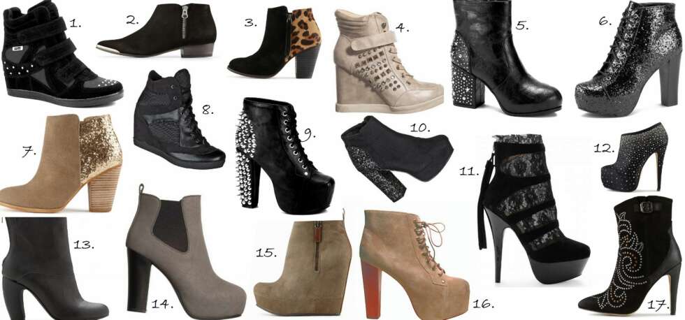 ANKELSKO: 1. Kilehæl-sneaker fra Eurosko (kr 799), 2. Froande fra Aldo (kr 1699), 3. Cedrina fra Aldo (kr 1299), 4. Ankelsneaker fra Skopunkten (kr 399), 5. Nagler fra Eurosko (kr 799), 6. Glitter Boot fra DNA (kr 799), 7. Beige med paljetter fra Aldo (kr 1299), 8. Kilehæl-joggesko fra Skopunkten (kr 399), 9. Jeffrey Campbell fra DNA (kr 1699), 10. Ankelsko fra Skopunkten (kr 399), 11. Ankelpumps med blonder fra Bianco (kr 1299), 12. Ayarza sko fra Aldo (kr 499), 13. Thilde Boot fra Bianco (kr 699), 14. Grå ankelsko fra Din Sko (kr 499), 15. Cecilia wedge fra Aldo (kr 1199), 16. Jeffrey Campbell for DNA (kr 1499), 17. Jodetha fra Aldo (kr 1599). ANKELSKO: 1. Kilehæl-sneaker fra Eurosko (kr 799), 2. Froande fra Aldo (kr 1699), 3. Cedrina fra Aldo (kr 1299), 4. Ankelsneaker fra Skopunkten (kr 399), 5. Nagler fra Eurosko (kr 799), 6. Glitter Boot fra DNA (kr 799), 7. Beige med paljetter fra Aldo (kr 1299), 8. Kilehæl-joggesko fra Skopunkten (kr 399), 9. Jeffrey Campbell fra DNA (kr 1699), 10. Ankelsko fra Skopunkten (kr 399), 11. Ankelpumps med blonder fra Bianco (kr 1299), 12. Ayarza sko fra Aldo (kr 499), 13. Thilde Boot fra Bianco (kr 699), 14. Grå ankelsko fra Din Sko (kr 499), 15. Cecilia wedge fra Aldo (kr 1199), 16. Jeffrey Campbell for DNA (kr 1499), 17. Jodetha fra Aldo (kr 1599).