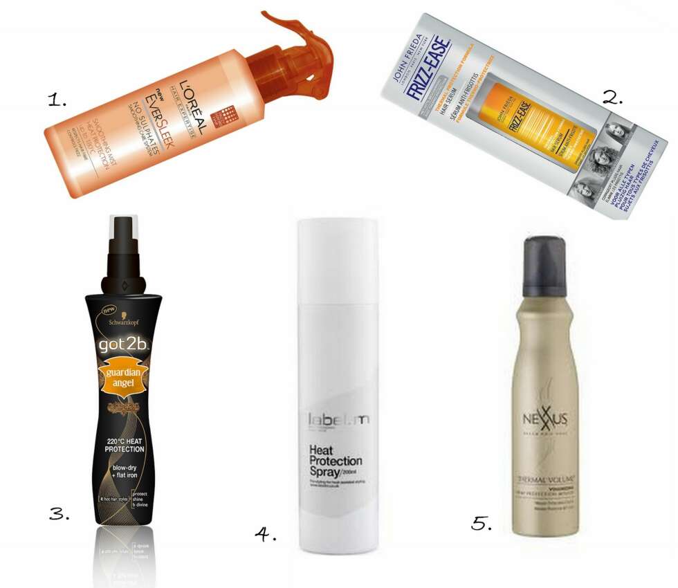 BESKYTTENDE: 1. EverSleek Smoothing Mist Heat Protection fra L'Oréal Expertise (kr 119), 2. Hair Serum Thermal Heat Protection Formula fra John Frieda (kr 135), 3. Guardian Angel 220ºC Heat Protection Spray fra GOT2B Schwarzkopf (kr 79), 4. Heat Protection Spray fra Label M, 5. Nexxus Thermal Volume Volumizing Heat Protection Mousse (kr 129). BESKYTTENDE: 1. EverSleek Smoothing Mist Heat Protection fra L'Oréal Expertise (kr 119), 2. Hair Serum Thermal Heat Protection Formula fra John Frieda (kr 135), 3. Guardian Angel 220ºC Heat Protection Spray fra GOT2B Schwarzkopf (kr 79), 4. Heat Protection Spray fra Label M, 5. Nexxus Thermal Volume Volumizing Heat Protection Mousse (kr 129).