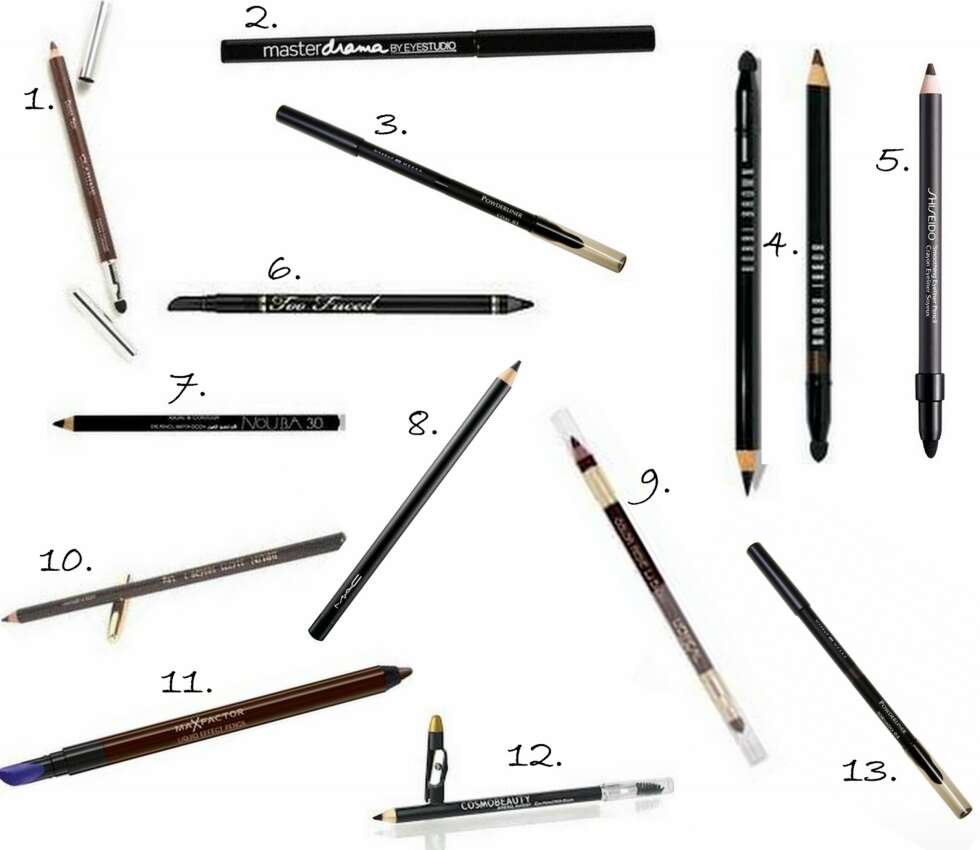 KLASSISK SORT OG BRUNT: 1. Eyeliner Pencil i Brunt fra Clarins (kr 165), 2. Master Drama Eye Liner fra Maybelline (kr 89), 3. Powderliner i fargen Coal fra Makeup Mekka (kr 119), 4. Creamy Eye Pencil i brunt og sort fra Bobbi Brown (Kr 185 per stk.), 5. Smooth Eyeliner Pencil fra Shiseido (kr 219), 6. Water Proof Eyeliner Pencil i Sort fra Too Faced (kr 195), 7. Kajal & Contour Eye Pencil fra Nouba (kr 139), 8. Eye Kohl i fargen Smolder fra MAC (kr 140), 9. Color Riche Le Smoky Eyeliner i fargen 204 Brown Fusion fra L'Oréal Paris (kr 99), 10. Crayon Kohl i brun fra Lancome kr, 11. Liquid Effect Eyeliner Pencil i Brunt fra Max Factor (kr 85), 12. Eyeliner Pencil fra Cosmobeauty (kr 299), 13. Powderliner i fargen Tornado fra Makeup Mekka (kr 119). KLASSISK SORT OG BRUNT: 1. Eyeliner Pencil i Brunt fra Clarins (kr 165), 2. Master Drama Eye Liner fra Maybelline (kr 89), 3. Powderliner i fargen Coal fra Makeup Mekka (kr 119), 4. Creamy Eye Pencil i brunt og sort fra Bobbi Brown (Kr 185 per stk.), 5. Smooth Eyeliner Pencil fra Shiseido (kr 219), 6. Water Proof Eyeliner Pencil i Sort fra Too Faced (kr 195), 7. Kajal & Contour Eye Pencil fra Nouba (kr 139), 8. Eye Kohl i fargen Smolder fra MAC (kr 140), 9. Color Riche Le Smoky Eyeliner i fargen 204 Brown Fusion fra L'Oréal Paris (kr 99), 10. Crayon Kohl i brun fra Lancome kr, 11. Liquid Effect Eyeliner Pencil i Brunt fra Max Factor (kr 85), 12. Eyeliner Pencil fra Cosmobeauty (kr 299), 13. Powderliner i fargen Tornado fra Makeup Mekka (kr 119).