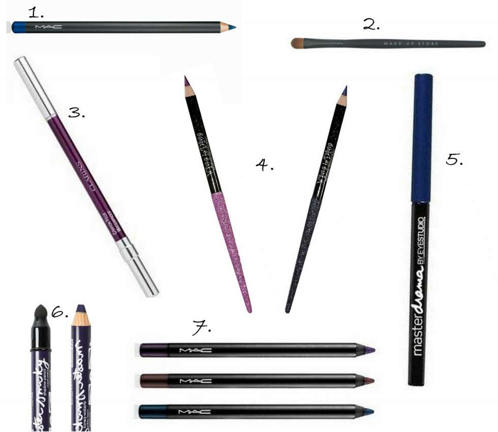 FEST: 1. Eye Kohl i fargen Blooz fra MAC (kr 140), 2. Eyeshadow Brush Medium #106 fra Make Up Store (kr 200), 3. Water Proof Eyeliner Pencil i Lilla fra Clarins (kr 175), 4. Glitter Pen i fargene Purple og Blue fra Viva La Diva (kr 55 per stk.), 5. Master Drama Eye Liner i Blått fra Maybelline (kr 89), 6. Master Smoky fra i fargen Violet fra Maybelline (kr 99), 7. Powerpoint Eye Pencil fra MAC (kr 145 per stk.). FEST: 1. Eye Kohl i fargen Blooz fra MAC (kr 140), 2. Eyeshadow Brush Medium #106 fra Make Up Store (kr 200), 3. Water Proof Eyeliner Pencil i Lilla fra Clarins (kr 175), 4. Glitter Pen i fargene Purple og Blue fra Viva La Diva (kr 55 per stk.), 5. Master Drama Eye Liner i Blått fra Maybelline (kr 89), 6. Master Smoky fra i fargen Violet fra Maybelline (kr 99), 7. Powerpoint Eye Pencil fra MAC (kr 145 per stk.).