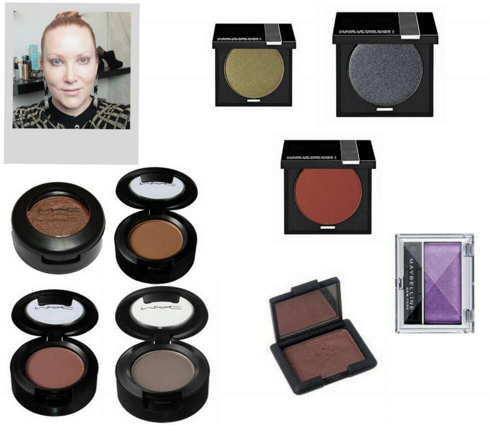 STEG 1 - BASE: 1. 1. Eyeshadows i fargene Woodwinked, Cork, Brun og Concrete fra MAC (kr 160 per stk. ), 2. Eye Shadow i fargene Green, Blacksilver og Plum fra Make Up For Ever (kr 161), 3. Eyestudio Mono i farge #200 fra Maybelline (kr 105), 4. Single Eye Shadow i mørk plomme fra Nouba (kr 195). STEG 1 - BASE: 1. 1. Eyeshadows i fargene Woodwinked, Cork, Brun og Concrete fra MAC (kr 160 per stk. ), 2. Eye Shadow i fargene Green, Blacksilver og Plum fra Make Up For Ever (kr 161), 3. Eyestudio Mono i farge #200 fra Maybelline (kr 105), 4. Single Eye Shadow i mørk plomme fra Nouba (kr 195).