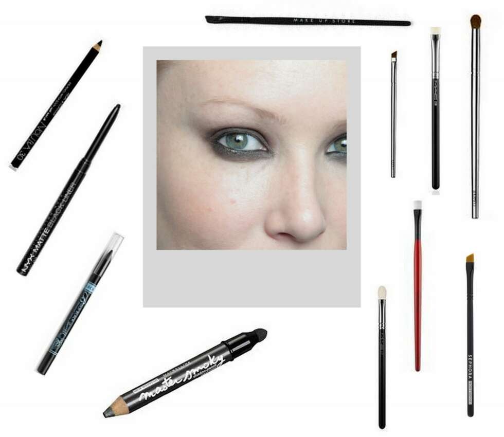 STEG 2 ¿ KAJAL OG BLEND: 1. Kajal & Contour Eye Pencil fra Nouba (kr 139), 2. Collection Noir Matte Black Liner fra NYX (kr 110), 3. Bold Waterproof Eyeliner fra Barry M (kr 99), 4. Master Smoky Shadow Pencil i fargen Smoky Grey fra Maybelline (kr 109), 5. Blending Brush #217 fra MAC (kr 195), 6. Precision Eye Liner Brush #28 fra Smashbox (kr 185), 7. Classic Angled Eyeliner Brush fra Sephora (kr 99), 8. Define skår kost fra Clinique (kr ), 9. Eye shading #239 fra MAC (kr 230), 10. Contour Brush fra Clinique (kr ), 11. Syntetisk skrå kost fra Make Up Store (kr ). STEG 2 ¿ KAJAL OG BLEND: 1. Kajal & Contour Eye Pencil fra Nouba (kr 139), 2. Collection Noir Matte Black Liner fra NYX (kr 110), 3. Bold Waterproof Eyeliner fra Barry M (kr 99), 4. Master Smoky Shadow Pencil i fargen Smoky Grey fra Maybelline (kr 109), 5. Blending Brush #217 fra MAC (kr 195), 6. Precision Eye Liner Brush #28 fra Smashbox (kr 185), 7. Classic Angled Eyeliner Brush fra Sephora (kr 99), 8. Define skår kost fra Clinique (kr ), 9. Eye shading #239 fra MAC (kr 230), 10. Contour Brush fra Clinique (kr ), 11. Syntetisk skrå kost fra Make Up Store (kr ).
