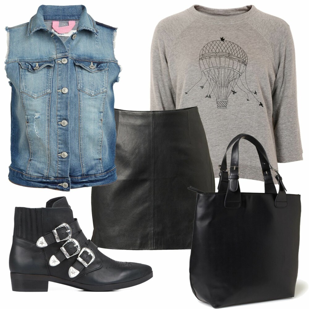ROCKA: Denimvest fra Lindex, kr 299. Grå genser fra Stella Nova, kr 899. Skinnskjørt fra MQ, kr 999. Sko fra BikBok, kr 1099. Veske fra Lindex, kr 299. ROCKA: Denimvest fra Lindex, kr 299. Grå genser fra Stella Nova, kr 899. Skinnskjørt fra MQ, kr 999. Sko fra BikBok, kr 1099. Veske fra Lindex, kr 299.