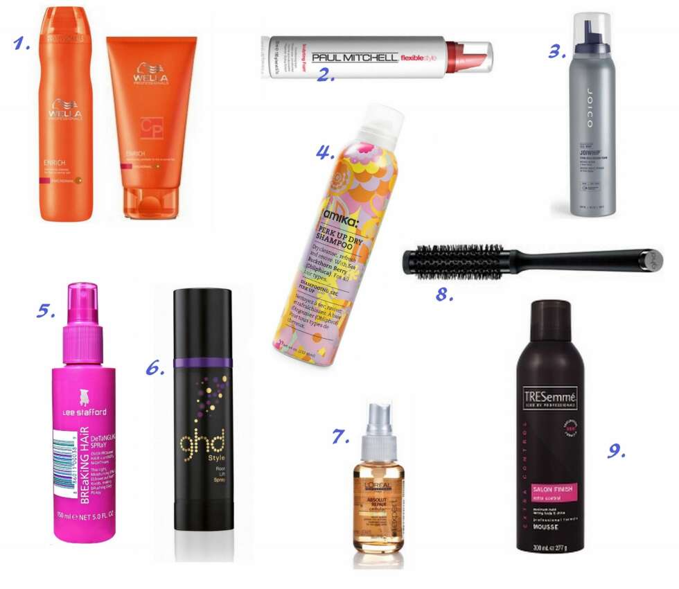 PRODUKTER: 1. Enrich Volumizing Shampoo fra Wella Professionals (kr 189) og Enrich Mosturizing Conditioner fra Wella Professionals (kr 189), 2. Sculpting Foam fra Paul Mitchell (kr 139), 3. Whip Foam fra Joico (kr 155), 4. Perk Up Dry Shampoo fra Amika (kr 199), 5. Breaking Hair Detangling Spray fra Lee Stafford (kr 99), 6. Root Lift Spray fra GHD (kr 239), 7. Expert Absolute Repair Cellular Serum fra L'Oréal Professionnel (kr 109), 8. Ceramic Vented Radial Brush fra GHD (kr 159), 9. Salon Finish Extra Control Mousse fra TRESemmé (kr 89). PRODUKTER: 1. Enrich Volumizing Shampoo fra Wella Professionals (kr 189) og Enrich Mosturizing Conditioner fra Wella Professionals (kr 189), 2. Sculpting Foam fra Paul Mitchell (kr 139), 3. Whip Foam fra Joico (kr 155), 4. Perk Up Dry Shampoo fra Amika (kr 199), 5. Breaking Hair Detangling Spray fra Lee Stafford (kr 99), 6. Root Lift Spray fra GHD (kr 239), 7. Expert Absolute Repair Cellular Serum fra L'Oréal Professionnel (kr 109), 8. Ceramic Vented Radial Brush fra GHD (kr 159), 9. Salon Finish Extra Control Mousse fra TRESemmé (kr 89).