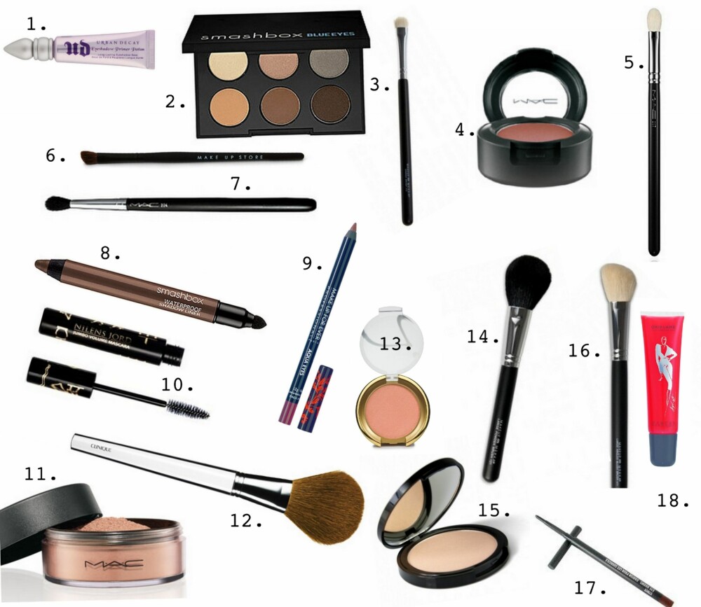 PRODUKTER FRA VIDEO: 1. Eyeshadow Primer Potion fra Urban Decay (ca. kr 250), 2. Eye Enhancing Shadow Palette for Blue Eyes fra Smashbox (kr 425), 3. Shadow Shader Brush 212 fra Makeup Mekka Pro (kr 79), 4. Eyeshadow i fargen Cut To Fit fra MAC (kr 160), 5. Blending Brush #217 fra MAC (kr 195), 6. Shading Angled Brush #115 fra Make Up Store (kr 195), 7. Tapered Blending Brush #224 fra MAC (kr 275), 8. Waterproof Shadow Liner i fargen Metallic Marble (ca. kr 260), 9. Aqua Eyes Water Proof Eye Pencil i fargen Gypsy fra Make Up For Ever (kr 183), 10. Jumbo Volume Mascara fra Nilens Jord (kr 199), 11. Golden Bronze løst solpudder fra MAC (kr 220), 12. Powder Brush fra Clinique (kr ), 13. PurePressed Blush i fargen Whisper fra Jane Iredale (kr 345), 14. Large Powder Brush 131 fra Makeup Mekka Pro (kr 129), 15. Bright Luminizing Highlighter fra Makeup Mekka (kr 49 - salg), 16. Large Angled Blush Brush 411 Makeup Mekka Pro (kr 99), 17. Eye Brow Pencil i fargen Strut fra MAC (kr 160), 18. Marcel Marongiu Lip Gloss i fargen Apricot fra Oriflame (kr 89). PRODUKTER FRA VIDEO: 1. Eyeshadow Primer Potion fra Urban Decay (ca. kr 250), 2. Eye Enhancing Shadow Palette for Blue Eyes fra Smashbox (kr 425), 3. Shadow Shader Brush 212 fra Makeup Mekka Pro (kr 79), 4. Eyeshadow i fargen Cut To Fit fra MAC (kr 160), 5. Blending Brush #217 fra MAC (kr 195), 6. Shading Angled Brush #115 fra Make Up Store (kr 195), 7. Tapered Blending Brush #224 fra MAC (kr 275), 8. Waterproof Shadow Liner i fargen Metallic Marble (ca. kr 260), 9. Aqua Eyes Water Proof Eye Pencil i fargen Gypsy fra Make Up For Ever (kr 183), 10. Jumbo Volume Mascara fra Nilens Jord (kr 199), 11. Golden Bronze løst solpudder fra MAC (kr 220), 12. Powder Brush fra Clinique (kr ), 13. PurePressed Blush i fargen Whisper fra Jane Iredale (kr 345), 14. Large Powder Brush 131 fra Makeup Mekka Pro (kr 129), 15. Bright Luminizing Highlighter fra Makeup Mekka (kr 49 - salg), 16. Large Angled Blush Brush 411 Makeup Mekka Pro (kr 99), 17. Eye Brow Pencil i fargen Strut fra MAC (kr 160), 18. Marcel Marongiu Lip Gloss i fargen Apricot fra Oriflame (kr 89).