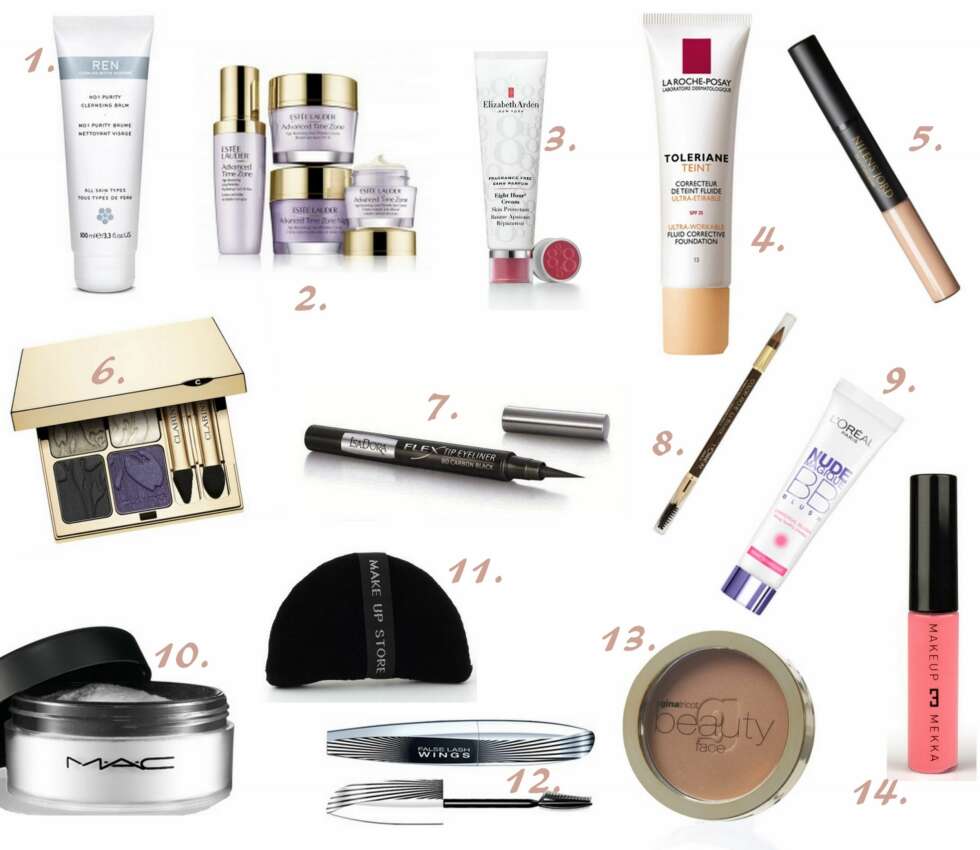 PRODUKTER BRUKT I VIDEO: 1. No1 Purity Cleansing Balm 100ml fra REN (kr 345), 2. Advanced Time-Zone Wrinkle hudpleieserie fra Estée Lauder, 3. Eight Hour Cream uten parfyme fra Elizabeth Arden (kr 325), 4. Toleriane Teint Foundation i fargen 10 Ivory fra La Roche-Posay (kr 179), 5. Duo Concealer fra Nilens jord (kr 199), 6. Eye Quartet Mineral Palette Limited Edition i fargen 10 Iris Blossom fra Clarins (kr 375), 7. Flex Tip Eyeliner fra IsaDora (kr 109), 8. Colour Riche Le Sourcil i fargen Deep Brown fra L'Oréal Paris (kr 119), 9. Nude Magique BB Blush fra L'Oréal Paris (kr 159), 10. Prep + Prime Transparent Finishing Powder Loose fra MAC (kr 200), 11. Powder Puff Halfmoon Black fra Make Up Store (kr 60), 12. False Lash Wings fra L'Oréal Paris (kr 179), 13. Lea Bronzer fra Gina Tricot Beauty (kr 69), 14. Super Shiny Smooth Lipgloss i fargen Innocent fra Makeup Mekka (kr 49). PRODUKTER BRUKT I VIDEO: 1. No1 Purity Cleansing Balm 100ml fra REN (kr 345), 2. Advanced Time-Zone Wrinkle hudpleieserie fra Estée Lauder, 3. Eight Hour Cream uten parfyme fra Elizabeth Arden (kr 325), 4. Toleriane Teint Foundation i fargen 10 Ivory fra La Roche-Posay (kr 179), 5. Duo Concealer fra Nilens jord (kr 199), 6. Eye Quartet Mineral Palette Limited Edition i fargen 10 Iris Blossom fra Clarins (kr 375), 7. Flex Tip Eyeliner fra IsaDora (kr 109), 8. Colour Riche Le Sourcil i fargen Deep Brown fra L'Oréal Paris (kr 119), 9. Nude Magique BB Blush fra L'Oréal Paris (kr 159), 10. Prep + Prime Transparent Finishing Powder Loose fra MAC (kr 200), 11. Powder Puff Halfmoon Black fra Make Up Store (kr 60), 12. False Lash Wings fra L'Oréal Paris (kr 179), 13. Lea Bronzer fra Gina Tricot Beauty (kr 69), 14. Super Shiny Smooth Lipgloss i fargen Innocent fra Makeup Mekka (kr 49).