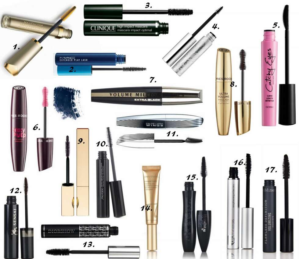STORT UTVALG: 1. Masterpiece Mascara fra Max Factor (kr 160), 2. Extended Play Lash Mascara fra MAC (kr 160), 3. High Impact Mascara fra Clinique (kr 195), 4. Bottom Lash Mascara fra Clinique (kr 130), 5. Catchy Eyes Mascara fra Gosh (kr 99), 6. Sexy Pulp Ultra-Volume Mascara i BLÅ fra Yves Rocher (kr 109), 7. Volume Million Lashes fra L'Oréal Paris(kr 149), 8. Sexy Pulp Ultra-Volume Mascara fra Yves Rocher (kr 129), 9. Instant Definition Mascara fra Clarins (kr 265), 10. Perfect Mascara Defining Volume fra Shiseido (kr 199), 11. False Lash Wings fra L'Oréal Paris (kr 179), 12. Mascara 38 C fra Sensai (kr 189), 13. Diorshow - Buildable Volume Mascara fra Dior (kr 259), 14. Longest Lash Thickening and Lengthening Mascara fra Jane Iredale (kr 310), 15. Hypnóse Doll Eyes Waterproof Mascara fra Lancôme (kr 249, 16. glóMinerals - GloLash Lengthening Mascara - Black (kr 200), 17. Bare Escentuals - Flawless Definition Volumizing Mascara - Black (kr 249). STORT UTVALG: 1. Masterpiece Mascara fra Max Factor (kr 160), 2. Extended Play Lash Mascara fra MAC (kr 160), 3. High Impact Mascara fra Clinique (kr 195), 4. Bottom Lash Mascara fra Clinique (kr 130), 5. Catchy Eyes Mascara fra Gosh (kr 99), 6. Sexy Pulp Ultra-Volume Mascara i BLÅ fra Yves Rocher (kr 109), 7. Volume Million Lashes fra L'Oréal Paris(kr 149), 8. Sexy Pulp Ultra-Volume Mascara fra Yves Rocher (kr 129), 9. Instant Definition Mascara fra Clarins (kr 265), 10. Perfect Mascara Defining Volume fra Shiseido (kr 199), 11. False Lash Wings fra L'Oréal Paris (kr 179), 12. Mascara 38 C fra Sensai (kr 189), 13. Diorshow - Buildable Volume Mascara fra Dior (kr 259), 14. Longest Lash Thickening and Lengthening Mascara fra Jane Iredale (kr 310), 15. Hypnóse Doll Eyes Waterproof Mascara fra Lancôme (kr 249, 16. glóMinerals - GloLash Lengthening Mascara - Black (kr 200), 17. Bare Escentuals - Flawless Definition Volumizing Mascara - Black (kr 249).